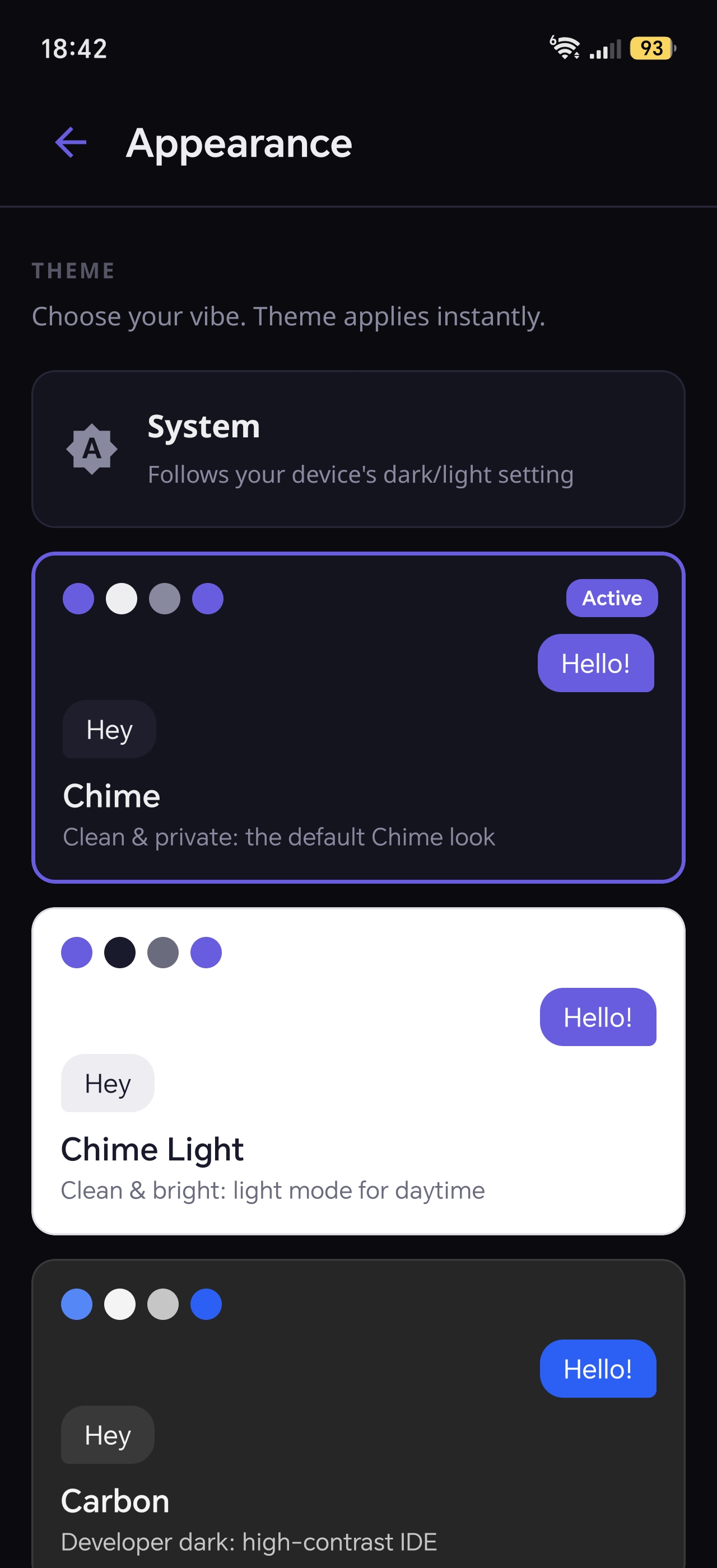 Chime settings and themes